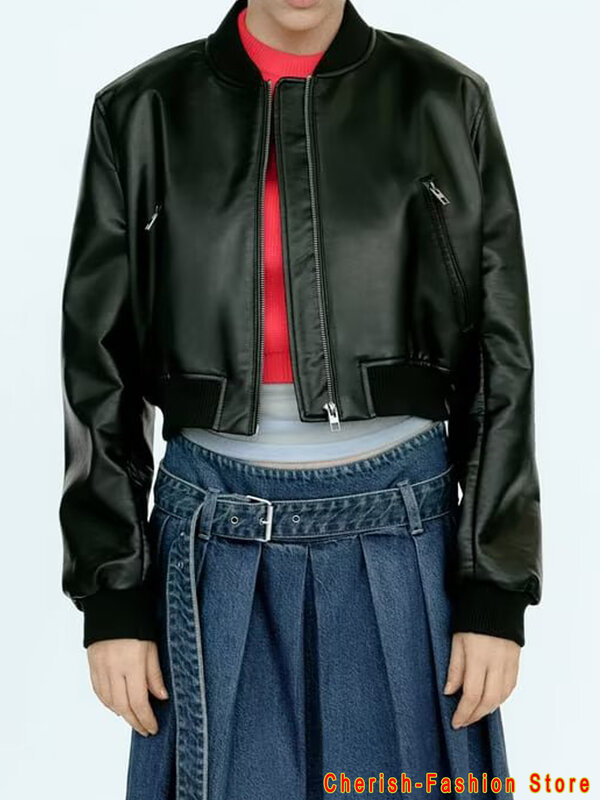 Женская укороченная куртка-бомбер из искусственной кожи с длинным рукавом