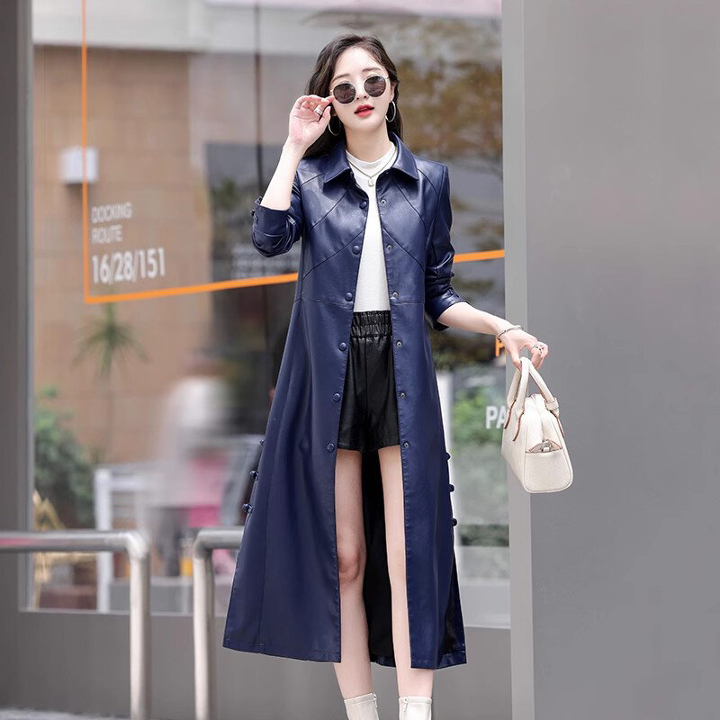 New Women Long Leather Coat Spring Autumn Fashion Turn-down Collar Single Breasted Slim Trench Coat Split Leather Overcoat