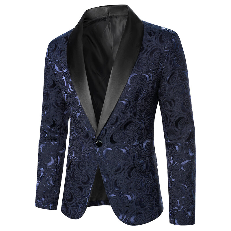Męski płaszcz wierzchni różany wzór jasna tkanina żakardowa kontrastowy kolor kołnierz Party luksusowy Design przyczynowy moda Slim Fit Men Blazer