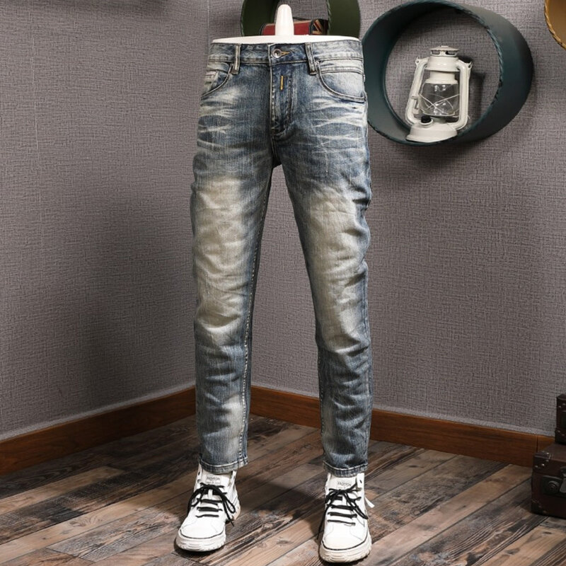 Nowo designerskie modne dżinsy męskie wysokiej jakości niebieskie w stylu Retro elastyczne Slim Fit porwane jeansy męskie spodnie Vintage spodnie dżinsowe Hombre
