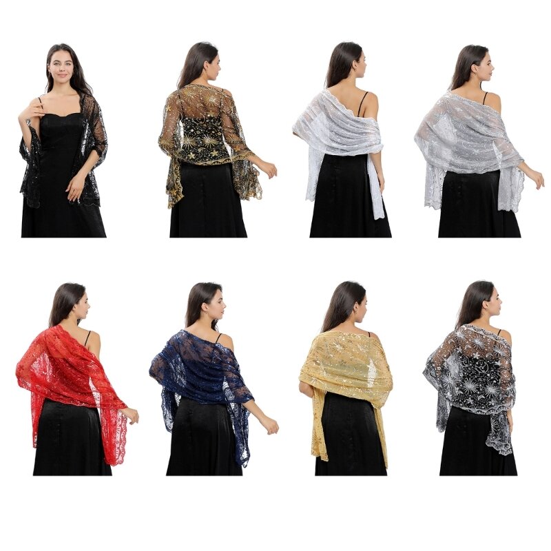652F Woman Sequins Decor Embroidery Scarves for Mother Summer Travel Body Cool Breathable Scarves Hot Weather Supplies
