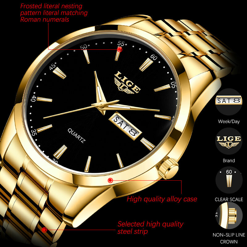 LIGE Top Brand Luxury Quartz Mens Watch Fashion Business Stainless Steel Watch Luminous Waterproof Casual Sport Wristwatch Clock