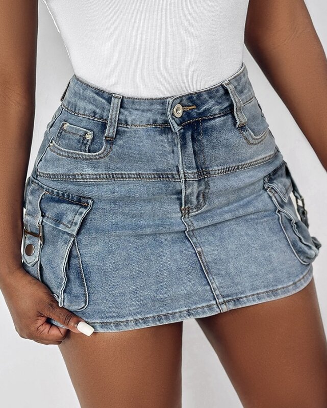 Nowa damska zapinana jeansowa spódniczka modny, z kieszeniami projekt ciasna codzienna uniwersalna Mini spódniczka 2024 wiosna lato casualowa krótka spódniczka