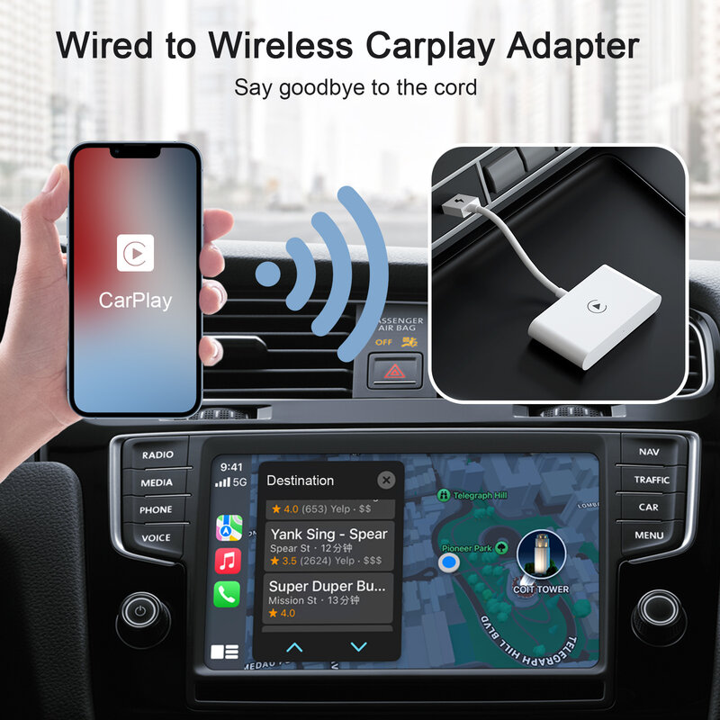 ワイヤレスCarPlayアダプター,iOS用,ドングル付き,USB接続,車用