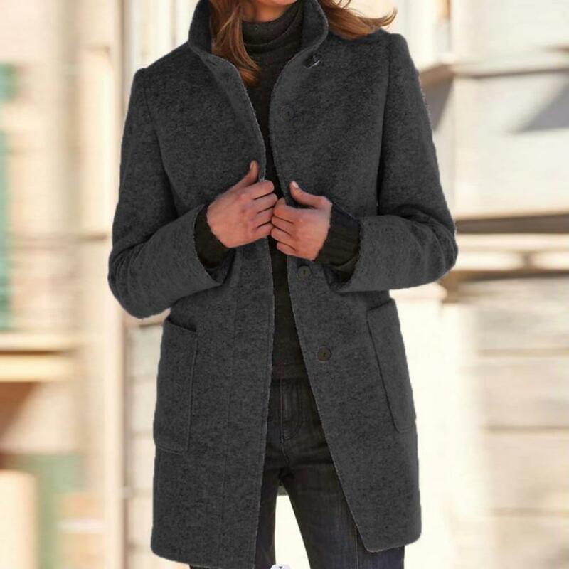 Jaket wanita warna polos, mantel musim dingin kerah tegak modis dengan kehangatan lembut panjang menengah menampilkan Solid untuk ditambahkan