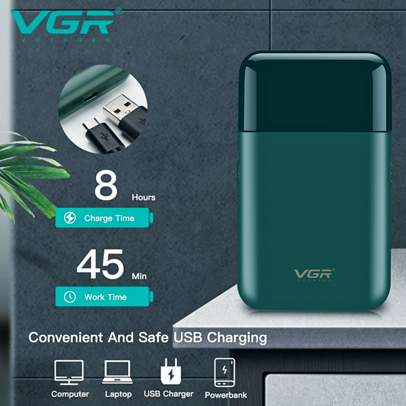 VGR Barbeador elétrico Aparador de barba profissional Navalha Minibarbeador portátil Depilação Recíproca 2 lâmina Carregamento USB para os homens V-390