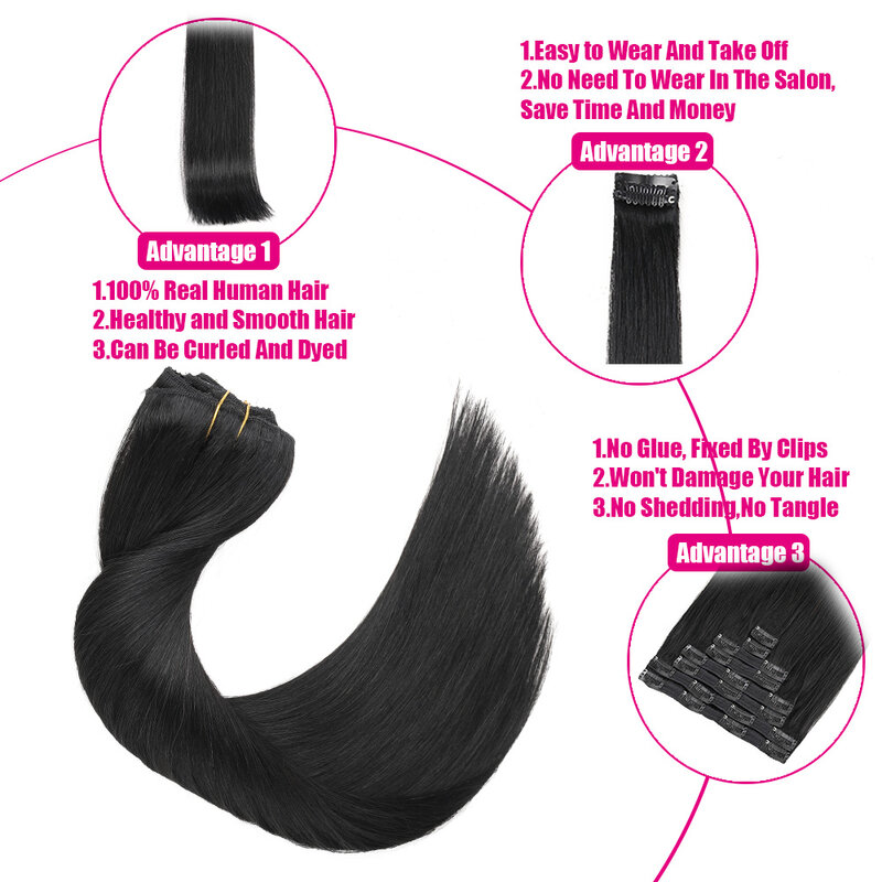 Clip nell'estensione dei capelli capelli umani estensione dei capelli naturali neri s 100% Clip senza cuciture per capelli umani nelle estensioni dei capelli umani estensione dei capelli s 8 pezzi 120g