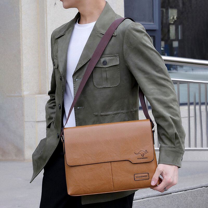 PU Leather Men'S Briefcase Male Executive Document Shoulder Vintage Business Work Messenger Crossbody Side Designer Caddy Bag