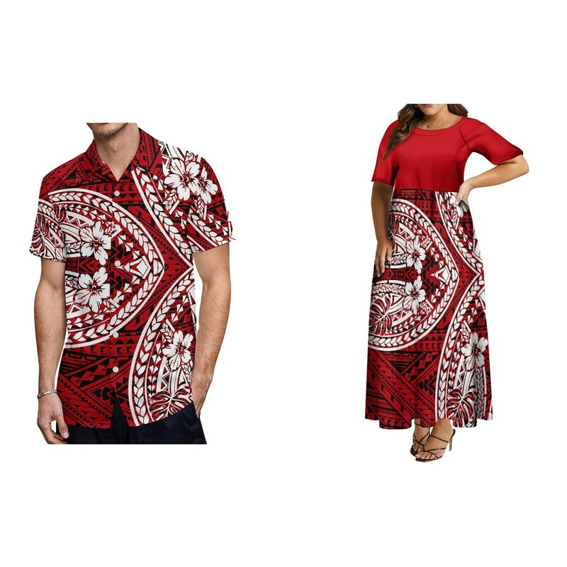 2024 nuova donna manica media girocollo vestito uomo Hawaii manica corta camicia coppia abbinata abbigliamento polinesiano stile Samoa