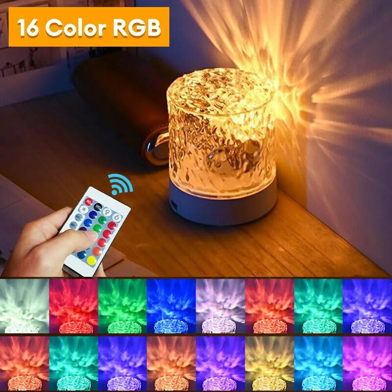 16 Color Water Ripple Projector Bedroom Crystal Water Wave Dynamic Atmosphere Night Light USB Rechargeable Decoration Lamp