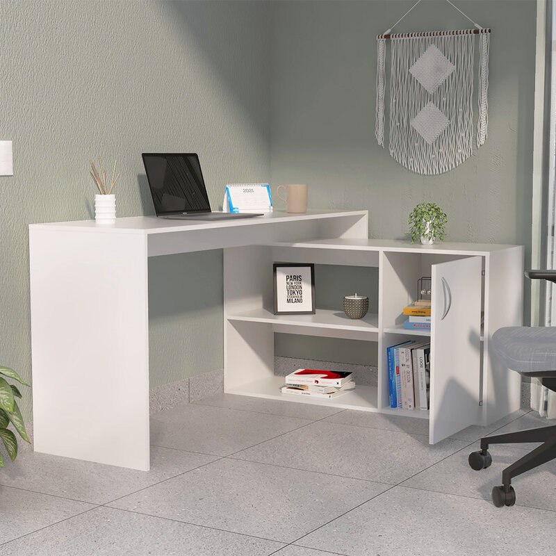 مكتب أبيض مع درج على شكل حرف L ، مكتب ، 2 رف