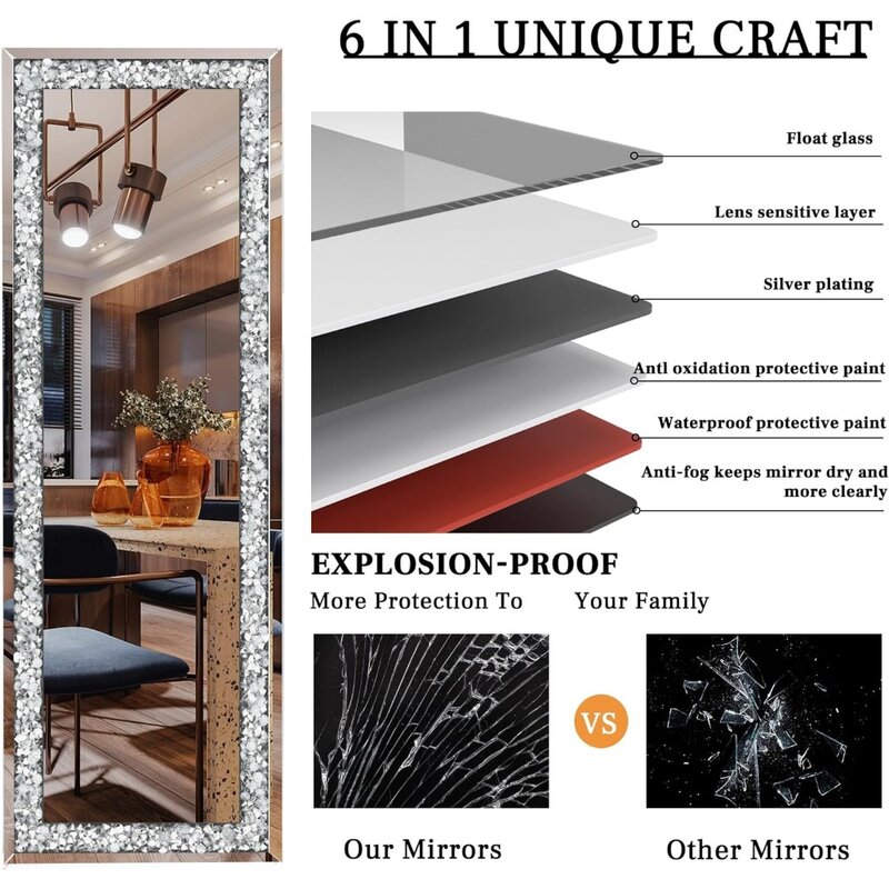 Full-length mirror 69”×26” with light crystal diamond wall-mounted hanging diamond mirror oblique