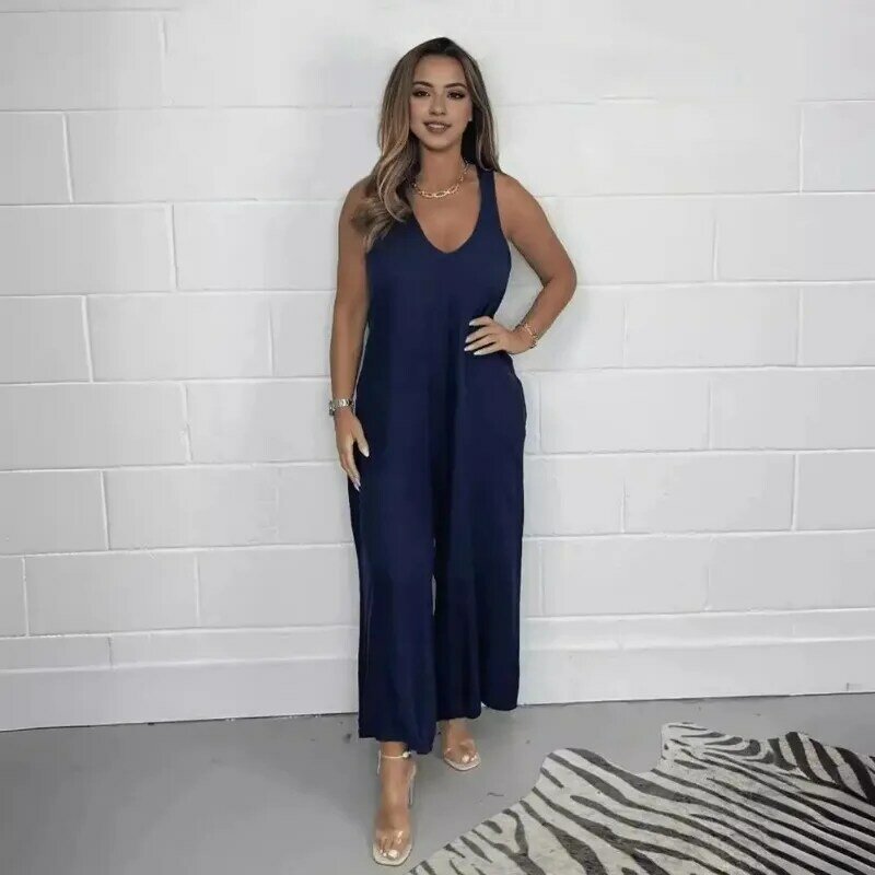Summer 2024 Women Sleeveless Jumpsuit Loose Pure Color Wide Leg Lace-up Back Casual Vacation Beach Suspenders Jumpsuit