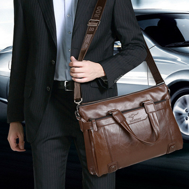Pastas de couro PU de luxo com zíper para homens, bolsa masculina de negócios de alta qualidade, sacola do laptop, bolsa do mensageiro do ombro do escritório
