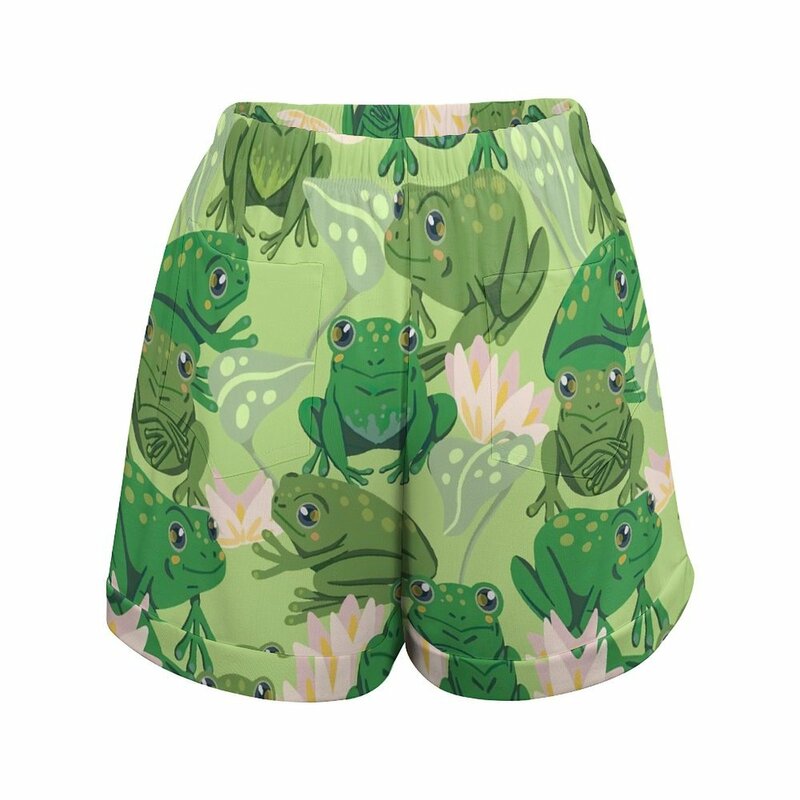 Cute Frog Lotus Shorts fiori rosa Oversize Street Fashion Shorts elastico a vita alta pantaloni corti donna Design tasche Bottoms