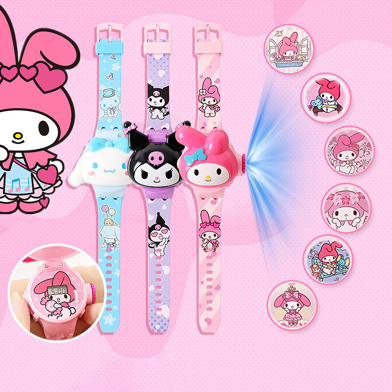 Hello Kitty Padrão Projeção Relógios para Crianças, 3D Cartoon Watch, Kuromi LED Watch, Pulseira Relógio, Brinquedos para Crianças, Meninas Presente, Novo