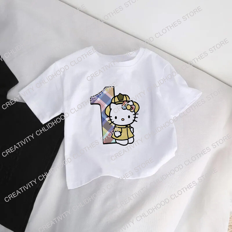 HelloKittys-Camiseta con número 123456789 para niños, ropa informal Kawaii con dibujos animados de Anime, Tops para niños y niñas
