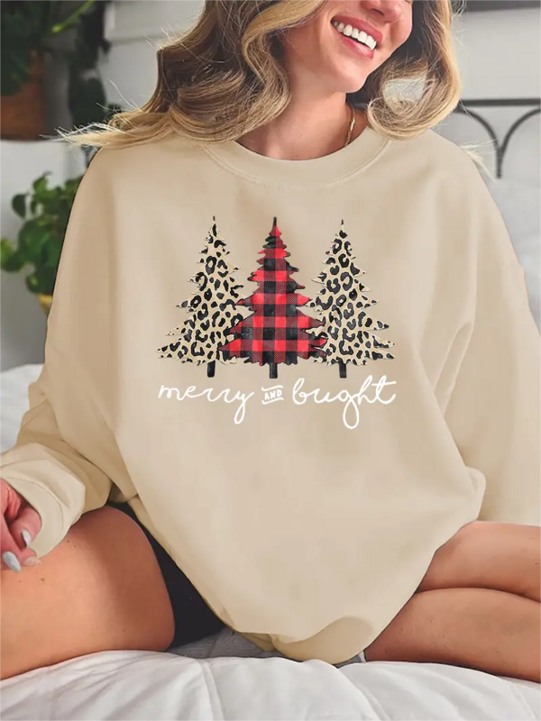 Weihnachten Plaid Tree Print Sweatshirt niedlichen Langarm Sweatshirt Damen bekleidung mit Rundhals ausschnitt