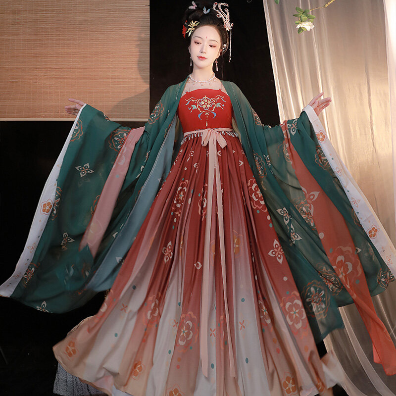Gaun Dinasti Tang Hanfu Asli Gaya Tiongkok Tradisional Pakaian Panggung Bordir Bunga Elegan Wanita Setelan Permaisuri