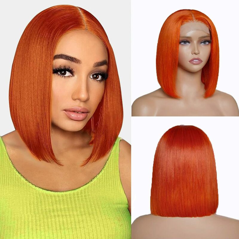 Wig Bob oranye jahe rambut manusia 4X4 renda Clousure Wig rambut manusia Wig Bob 350 # warna HD renda Wig depan Bob lurus