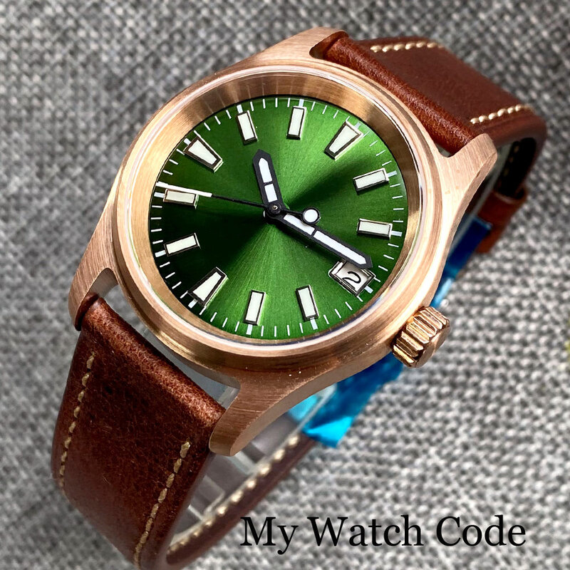 36มม.Pilot จริง Bronze นาฬิกากลไก NH35A Movt นาฬิกาข้อมือเลดี้ Sunburst Olive สีเขียว20Bar Retro Vintage นาฬิกา
