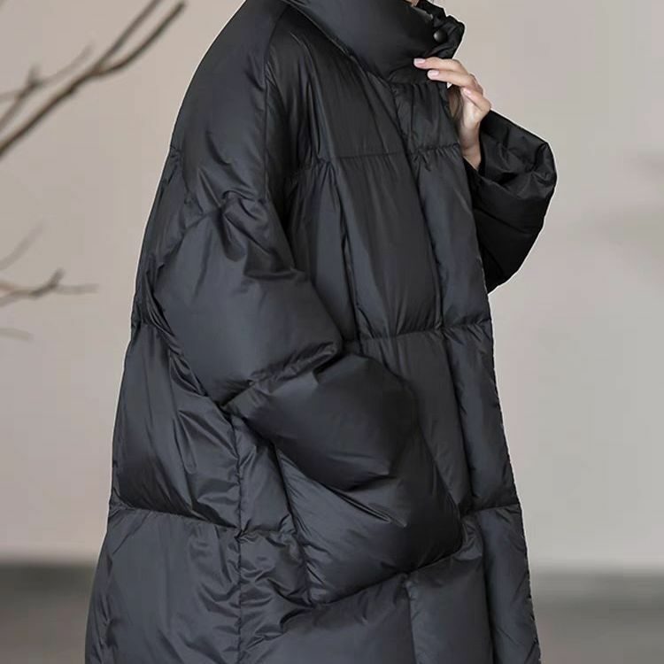 Winter New European Large Down Coat Women Standing Neck Mid Length Thickened Loose Fit Warm Casual White Duck Down Coat