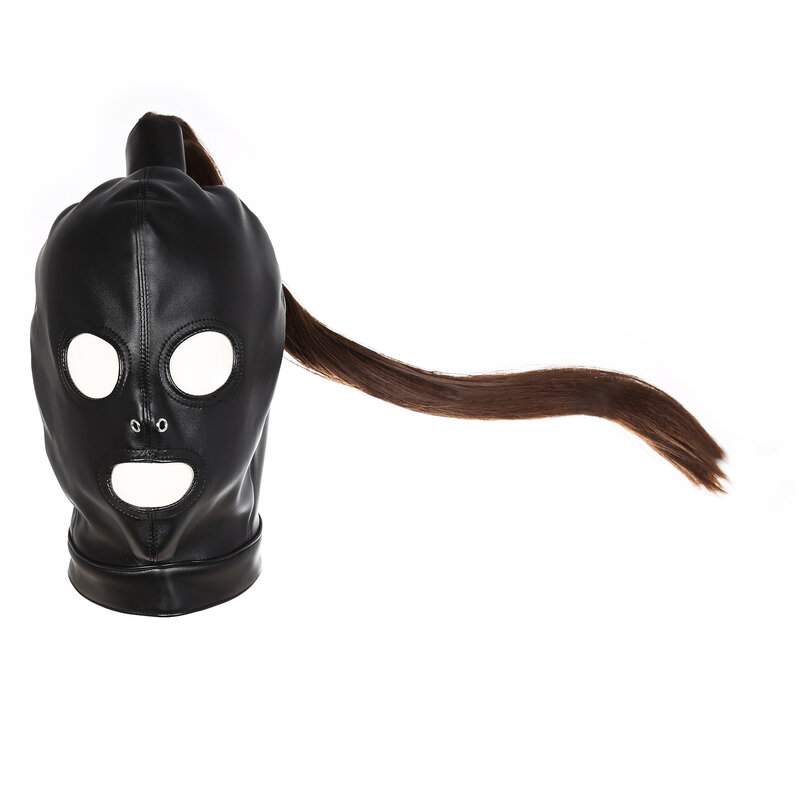 BDSM-juguetes sexuales para adultos, máscara de cabeza de cuero, máscara de cabeza de boca de ojo, arnés de caballo, peluca de cabeza, casco, juego de rol para mujeres y parejas