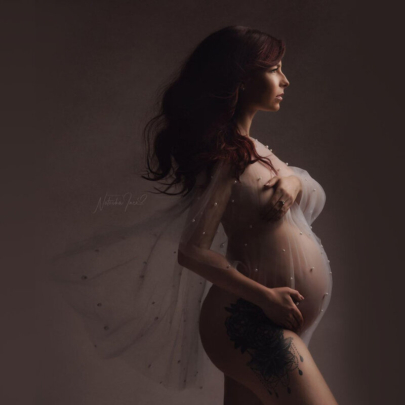 출산 사진 드레스, 우아한 고급 스트랩리스 메쉬 진주 네일 비즈 풀오버 케이프, 임신 사진 촬영 작은 케이프