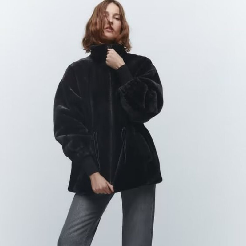 Jaket parka wanita, mantel bulu imitasi warna polos kasual, korset hangat tebal, pakaian luar pas badan kerah berdiri, mantel mode Musim Dingin 2023