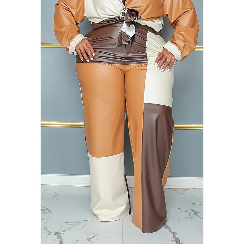 Plus Size Daily Pant Set Brown Patchwork PU Leather Two Piece Pant Set