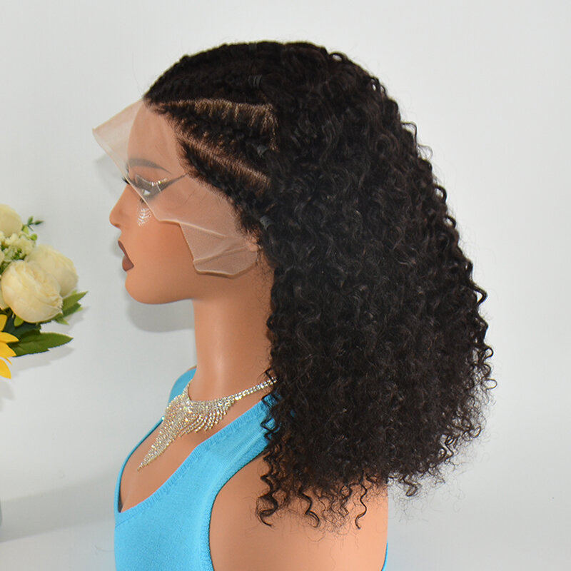 Pelucas de cabello humano trenzado estilo Bob, pelo corto rizado Jerry 13x4, encaje Frontal, prearrancado Color Natural, cabello virgen indio