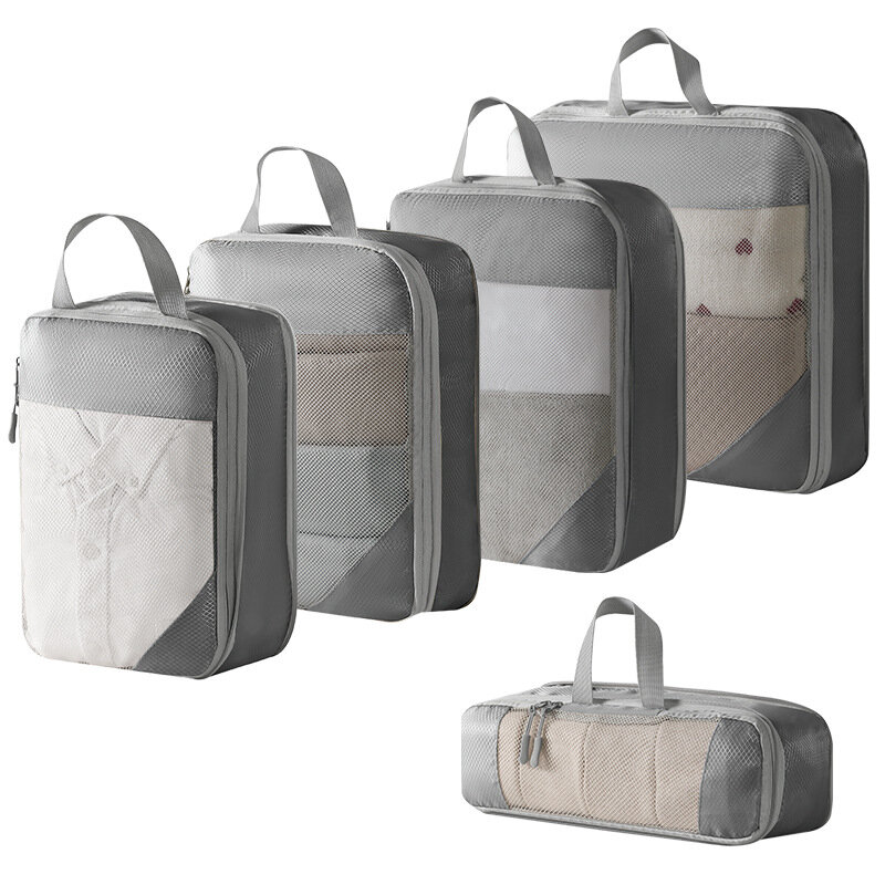 Cubes d'emballage compressés pour voyage, ensemble de rangement, bagage visuel en maille, sac de valise léger portable, 5 pièces