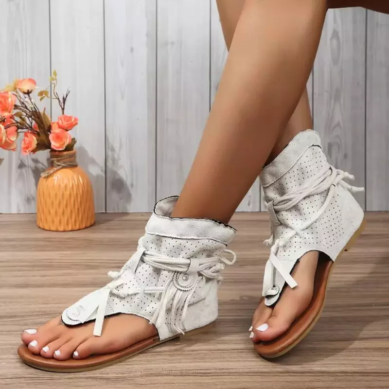 Sandal wanita 2024 baru Gladiator wanita klip ujung sepatu bot Vintage kasual rumbai Roma mode musim panas sepatu wanita Sandalias