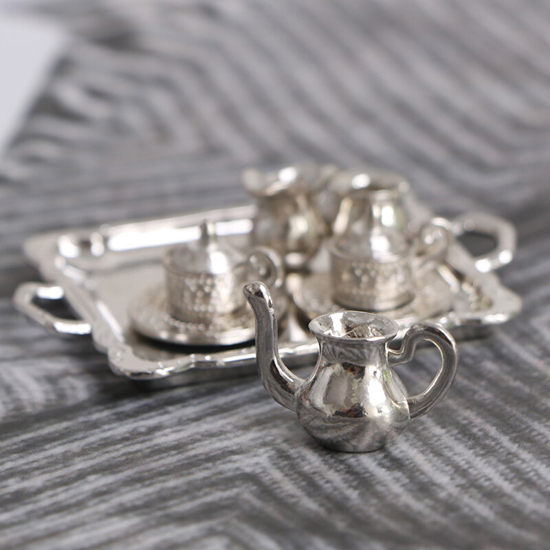 10Pcs/Set Dollhouse Miniature Silver Metal Tea Coffee Tray Tableware Set For Dollhouse Decoration