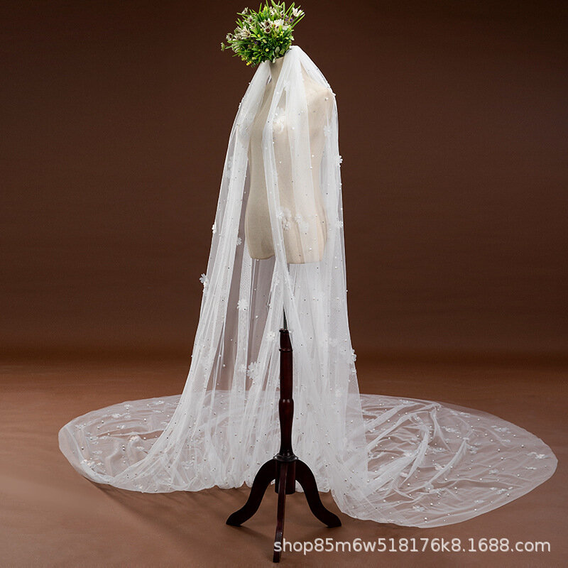 Voile de mariée en mousseline de soie avec perles et fleurs, long, 1 niveau, court, peigne, patients, mariage