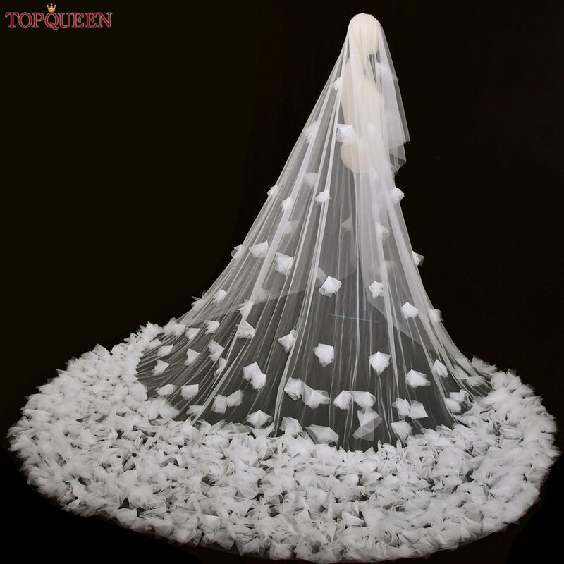 TOPQUEEN V126 Wedding Veil with Blusher Soft Tulle Veil 2 tier Cathedral Length Bride 5M Flowers Veil with comb Bridal Veu de