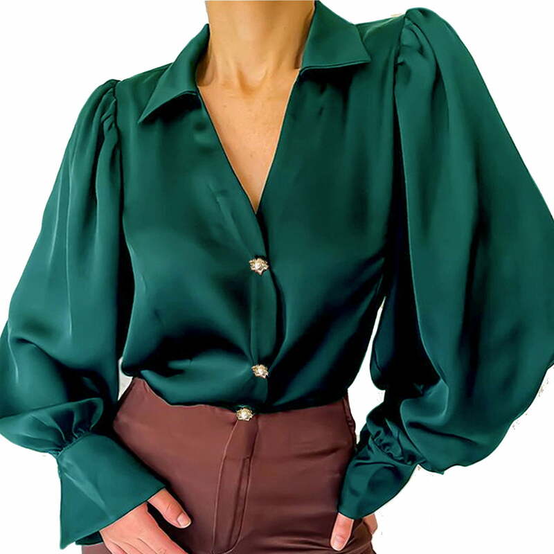 เสื้อซาตินแขนยาวลำลองทรงหลวมสำหรับผู้หญิง, เสื้อเชิ้ตสีพื้นเสื้อตัวบนเสื้อเบลาส์ไซส์ใหญ่สำหรับฤดูใบไม้ร่วง