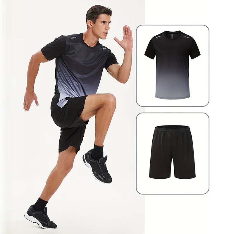 Pakaian olahraga untuk pria, pakaian olahraga motif gradien, baju Badminton, Kaus, celana pendek, nyaman, musim panas 2023