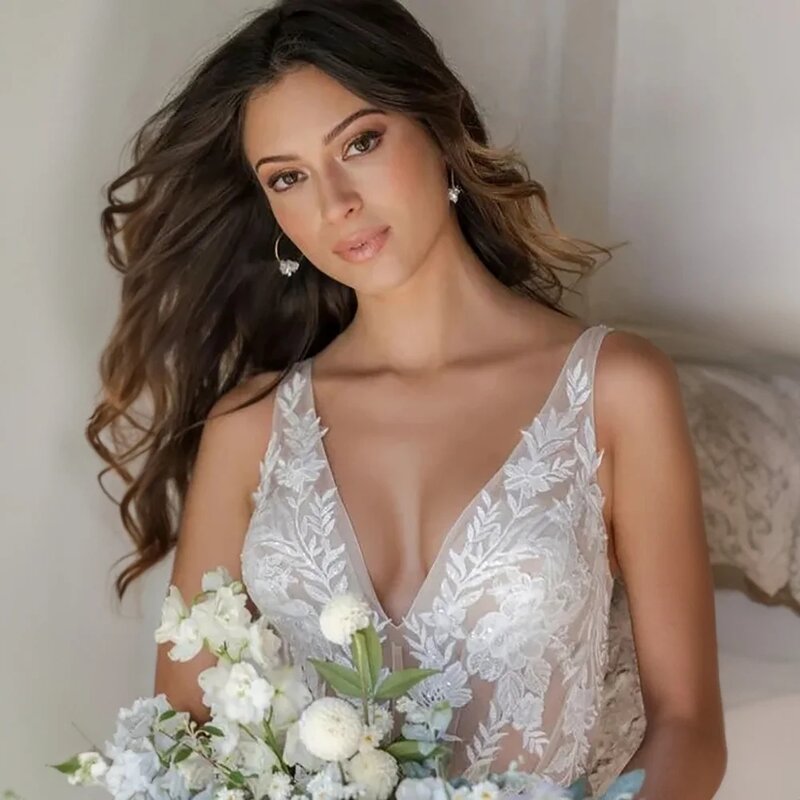 Sexy Brautkleider tiefen V-Ausschnitt ärmellose Brautkleider Spitzen applikationen elegante Roben Boden länge 2024 vestidos de novia 2023