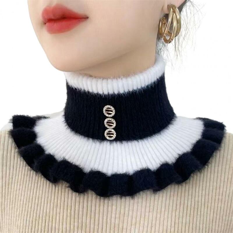 Winter Women Scarf Fake High Collar Color Matching Ruffle Rhinestone Decor Windproof Neck Warmer Knitted