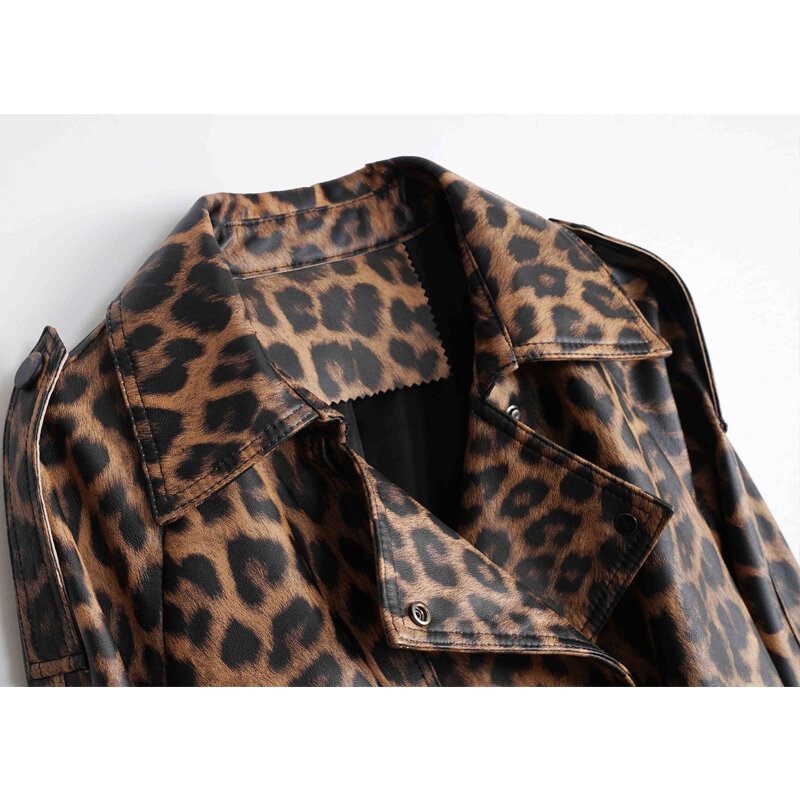 Gabardina de piel auténtica para mujer, abrigo con estampado de leopardo, cinturón con cordones, doble botonadura, moda elegante, alta calidad