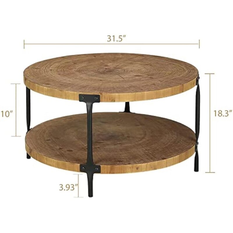 Wood Coffee Table - 31.5" Farmhouse Natural Circle Wooden 2-Tier Coffee Tables Living Room Furniture, Natural Wood Color,
