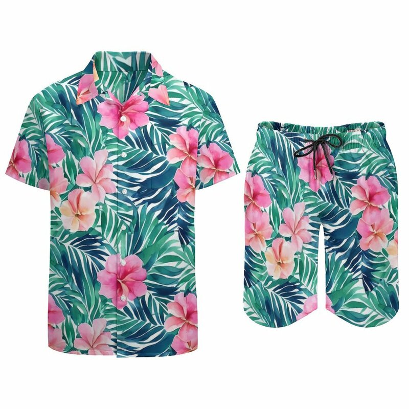 Boho 꽃무늬 남성 세트, 수채화 프린트 캐주얼 반바지, 비치 셔츠 세트, 하와이 프린트 세트, 반팔, 특대 의류, 여름