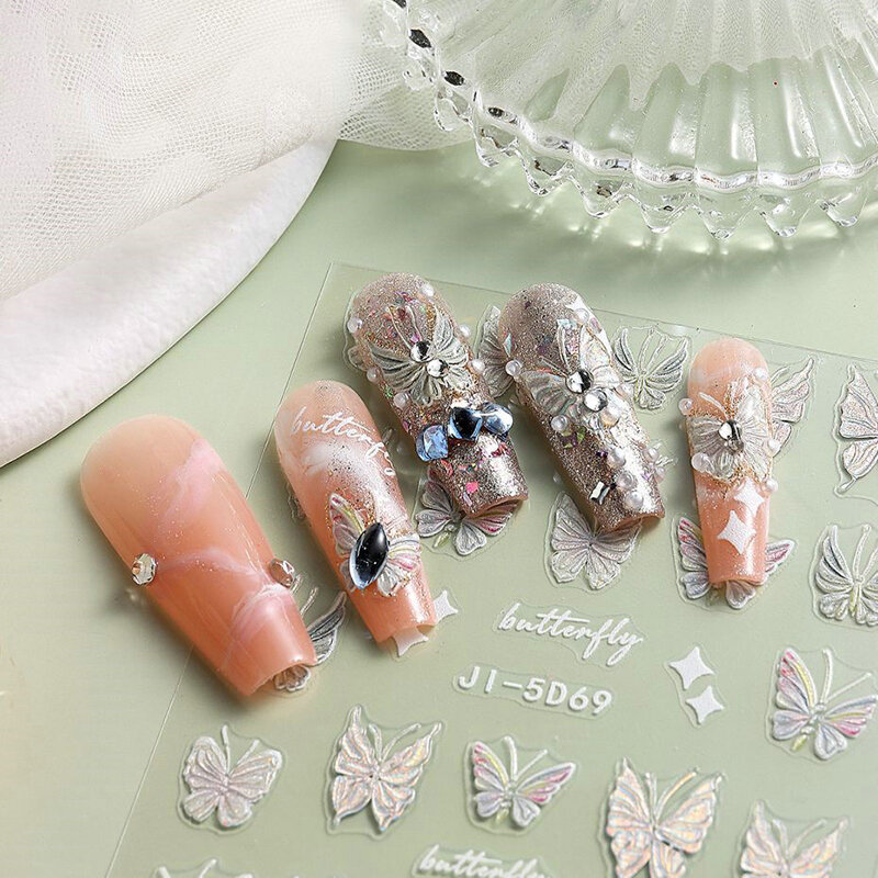 Pegatina de manicura de uñas de mariposa grabada en acrílico, cristal holográfico, Hada, flores rosas, calcomanías adhesivas, envolturas de láminas de primavera