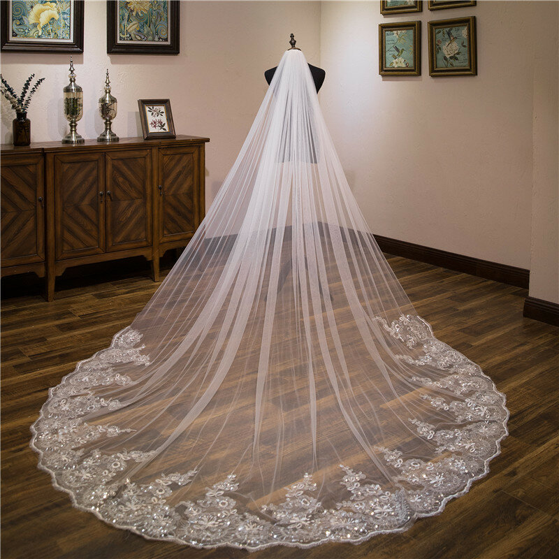 حجاب زفاف دانتيل عاجي ، حجاب زفاف كاتدرائية ، بيع بالجملة ، أبيض ، 3 × 3 أمتار