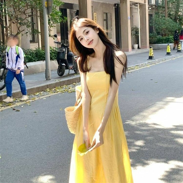 한국 여성 민소매 드레스, 백리스 슬래시 넥 용수철, 여름 휴가, 달콤한 요정, 우아한 파티, 섹시한 숙녀 패션