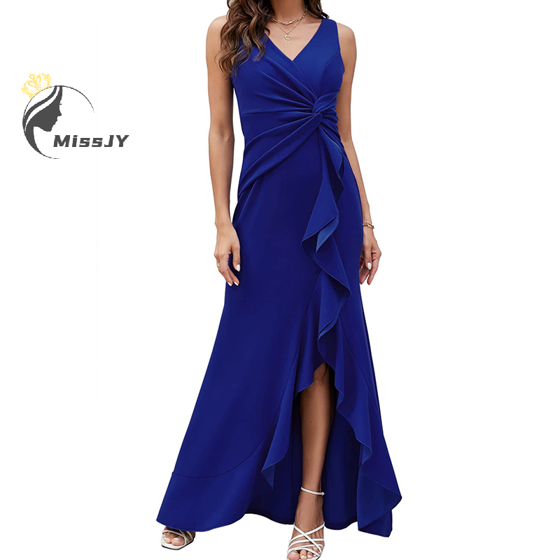 Vestidos longos azul royal para mulheres, vestidos formais, gola V, sem mangas, envoltório dividido, festa elegante
