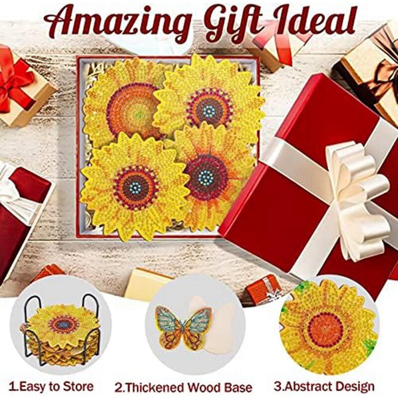 Sunflower Diamond Painting Coaster Set Kit With Bracket Suitable For Beginners, Adults, And Art And Crafts Supplies Kit