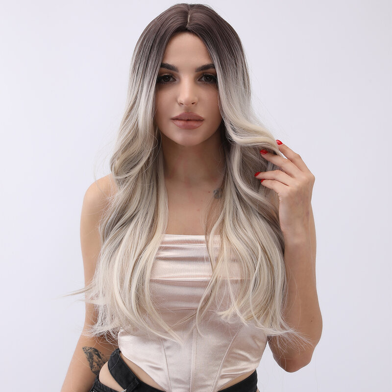 Wig sintetik panjang keriting berombak tubuh cokelat putih pirang Fashion untuk Wig tahan panas pesta harian Cosplay wanita