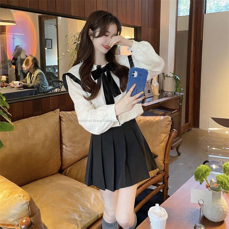 Seragam sekolah gaya Korea Jepang Jk setelan Fashion tingkat tinggi kemeja rajutan rok lipit setelan dua potong Set seragam Jk
